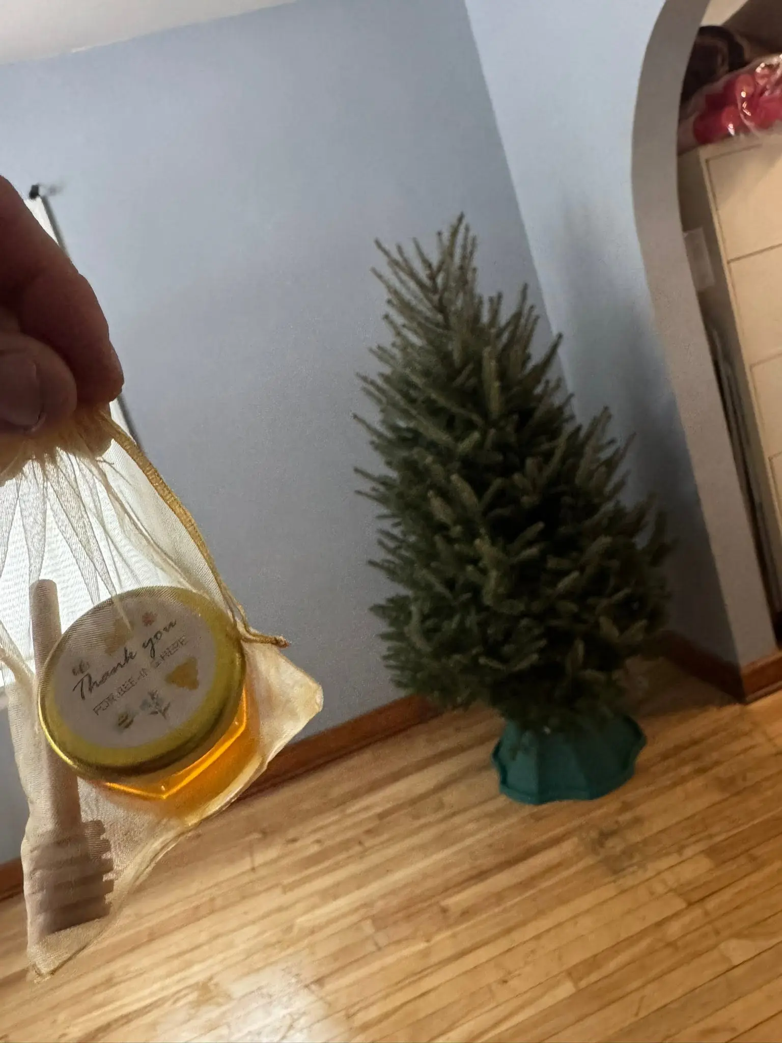 Jar of backyard honey gifted with a Christmas tree delivery