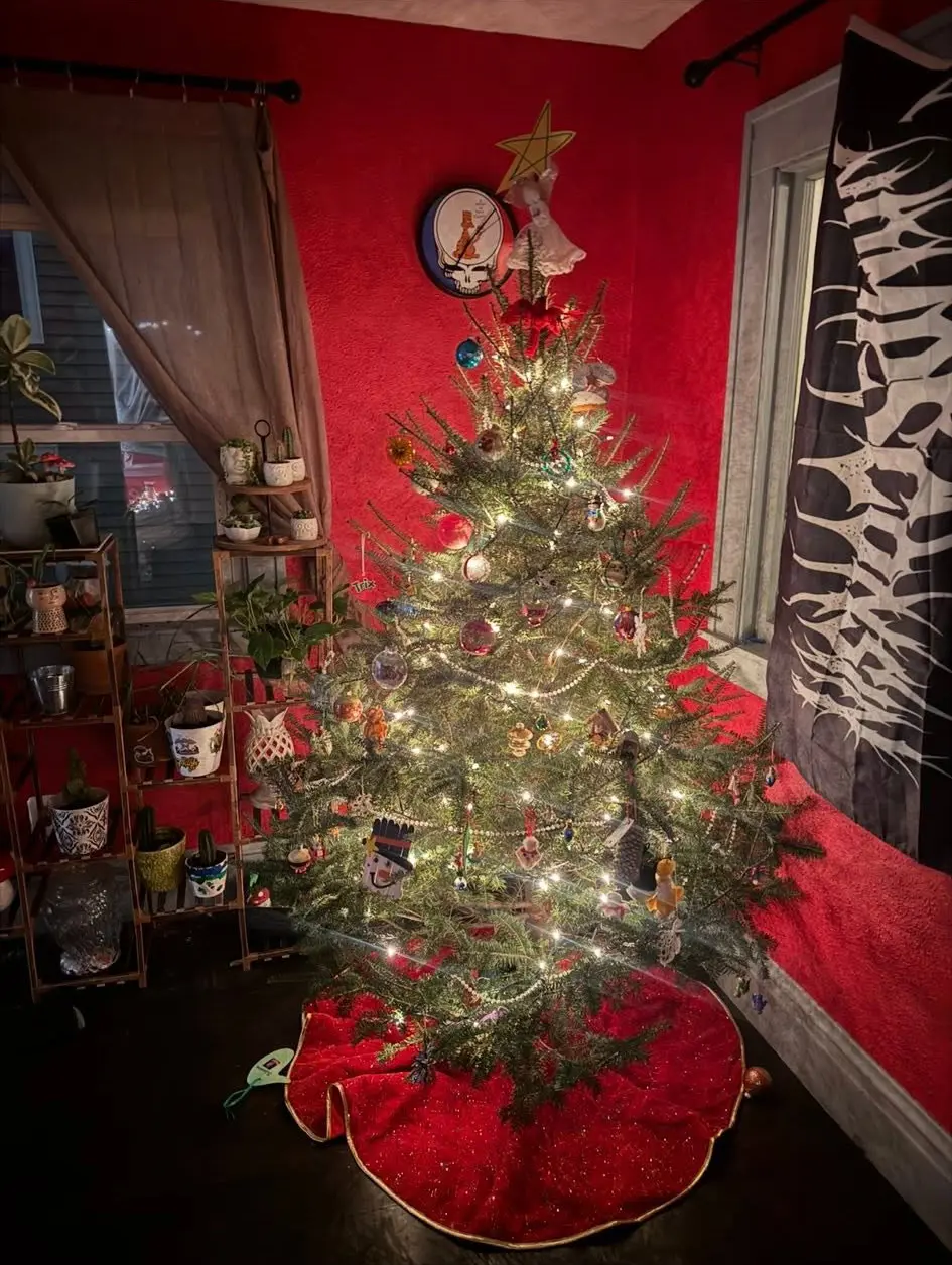 Homeowner-decorated Christmas tree with lights against a red wall